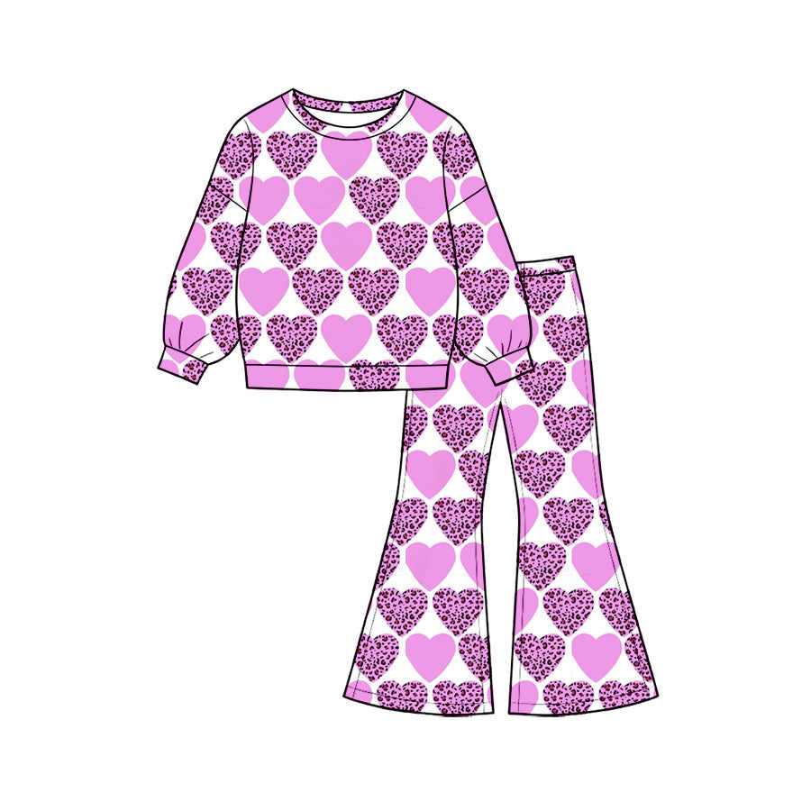 Preorder (moq 5) Baby Girl Clothes Valentine Purple Leopard Solid Heart Print Long Sleeve Flare Pant Set