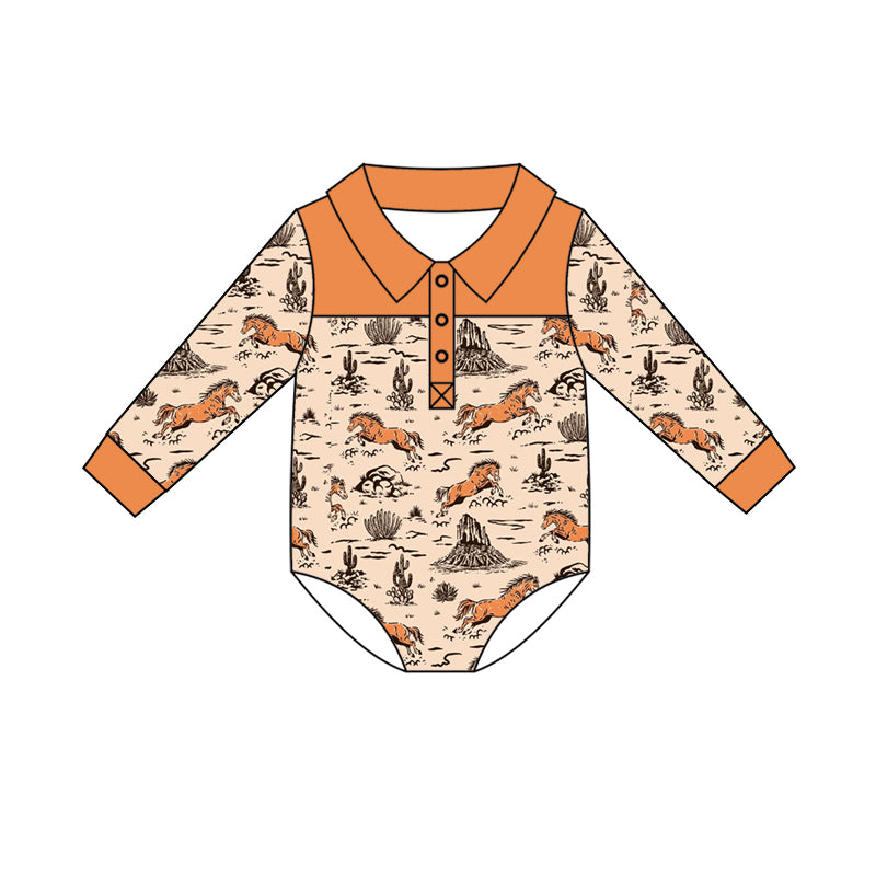Preorder (moq 5)Baby Boys Long Sleeve Horse Rodeos Western Button Hunting Rompers