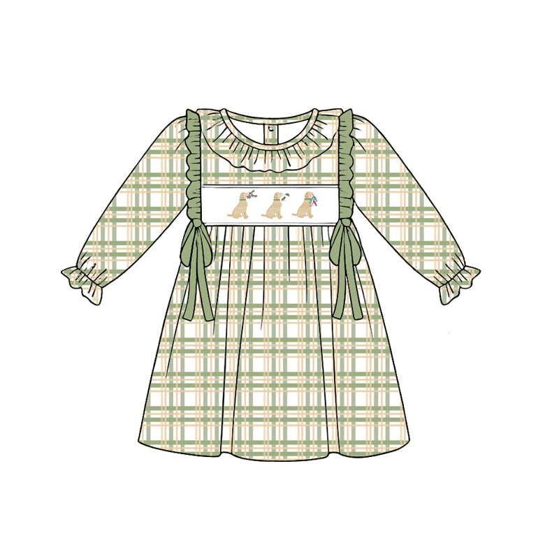 Preorder (moq 5)Baby Girls Green Checked Ducks Dogs Hunting Knee Length Dresses