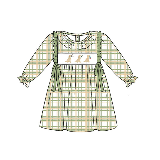 Preorder (moq 5)Baby Girls Green Checked Ducks Dogs Hunting Knee Length Dresses