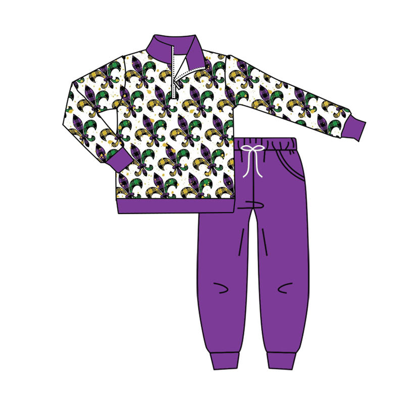 Preorder (moq 5)Baby Boys Anchors Zipper Pullover Pockets Jogger Mardigras Clothes Sets