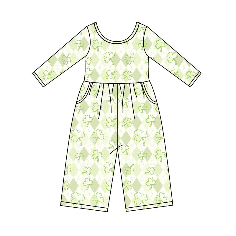 Preorder(moq 5) Baby Girls Long Sleeve Green Clovers Checked Pockets St Patrick Jumpsuits