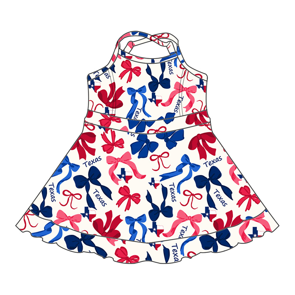 Preorder (moq 5)Baby Girls Strap Red Blue Bows Plaid Texas Short Ruffle Team Knee Length Dresses