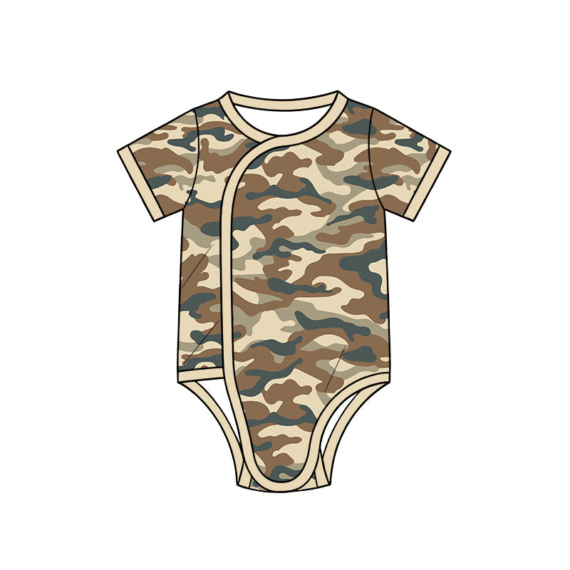 Preorder (moq 5) Baby Boy Clothes Khaki Teal Outdoor Camo Print Short Sleeve Side Snap Romper