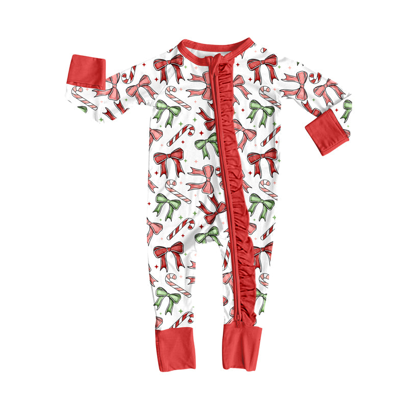 Preorder(moq 5)Baby Girls Red Christmas Red Green Bows Ruffle Zipper Footie Rompers