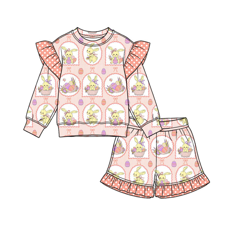 Preorder (moq 5) Baby Girl Clothes Easter Bunny Basket Frame Mixed Print Long Sleeve Ruffle Shoulder Ruffle Short Set