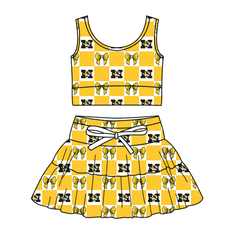 Preorder (moq 5)Baby Girls M Tiger Bows Checked Vests Skirt Shorts Team Clothes Sets