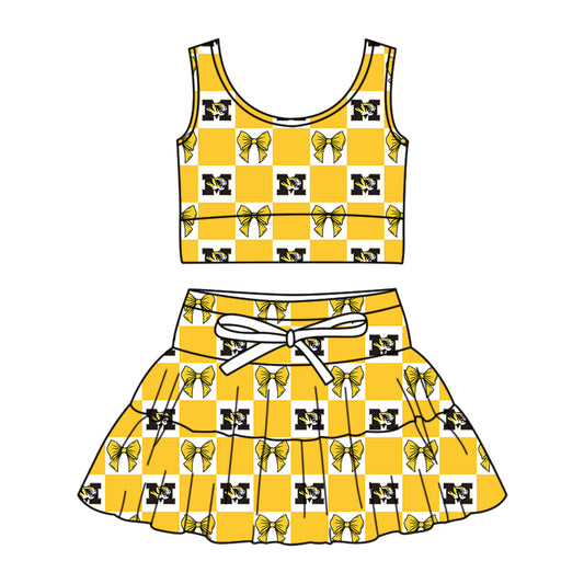 Preorder (moq 5)Baby Girls M Tiger Bows Checked Vests Skirt Shorts Team Clothes Sets