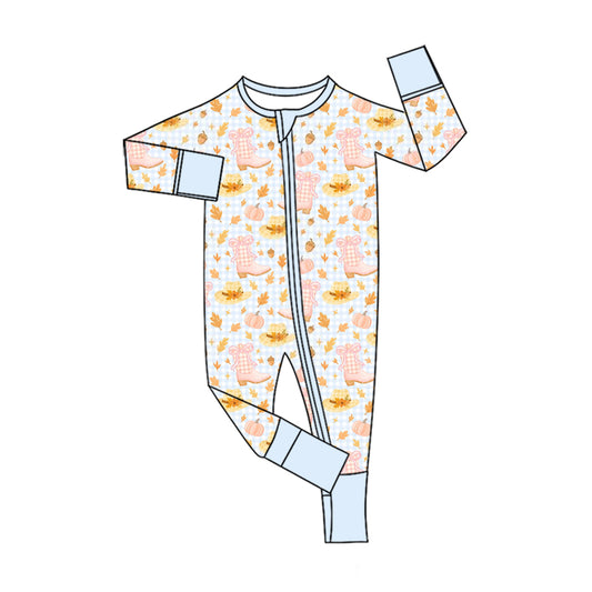 Preorder (moq 5)Baby Girls Bows Pumpkins Boots Fall Two Way Zip Convertible Rompers
