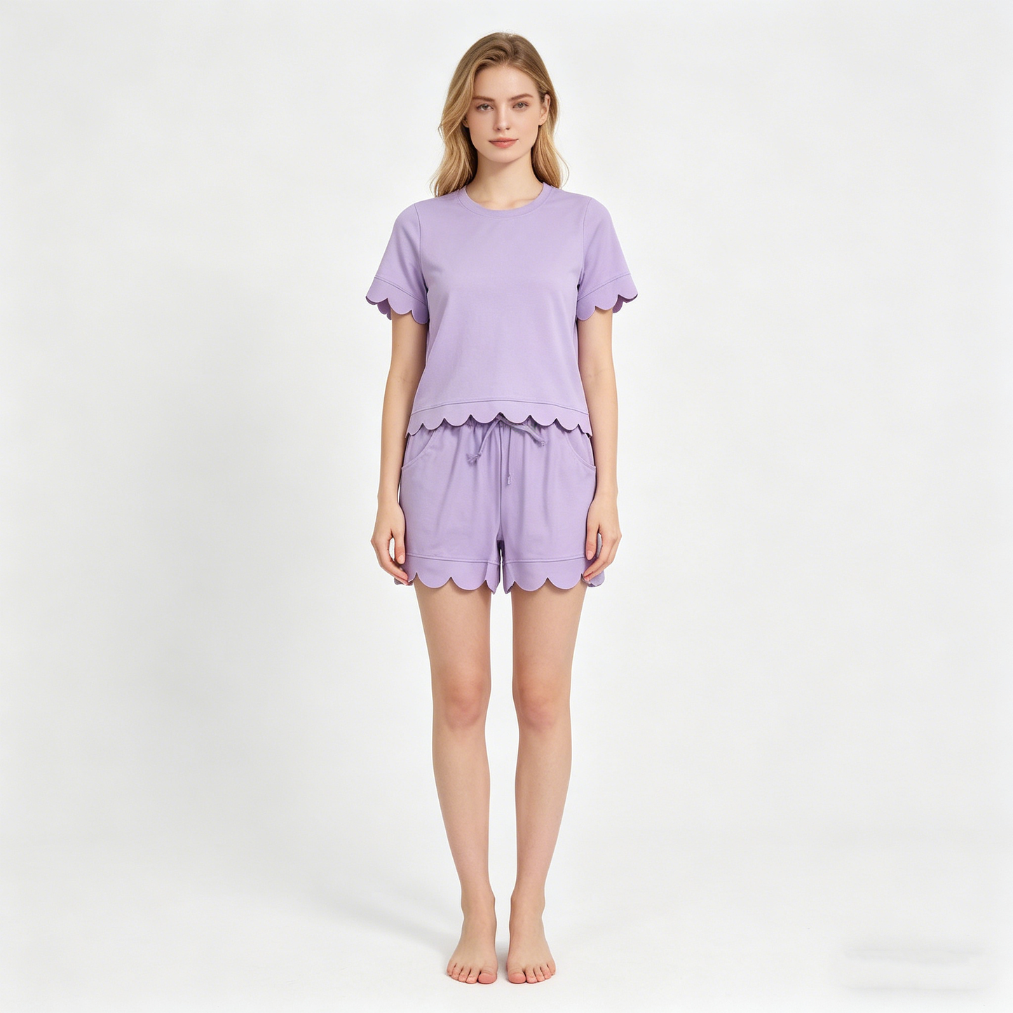 Adult Women Lavender Short Sleeve Top Pockets Short Cotton Scallop Clothes Set