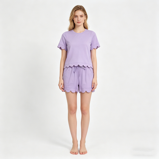 Adult Women Lavender Short Sleeve Top Pockets Short Cotton Scallop Clothes Set