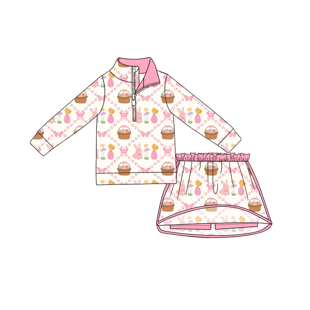 Preorder (moq 5) Girls’ Easter Pink Bunny Bow Half-Zip Top & Skirt Set, Festive Holiday Outfit