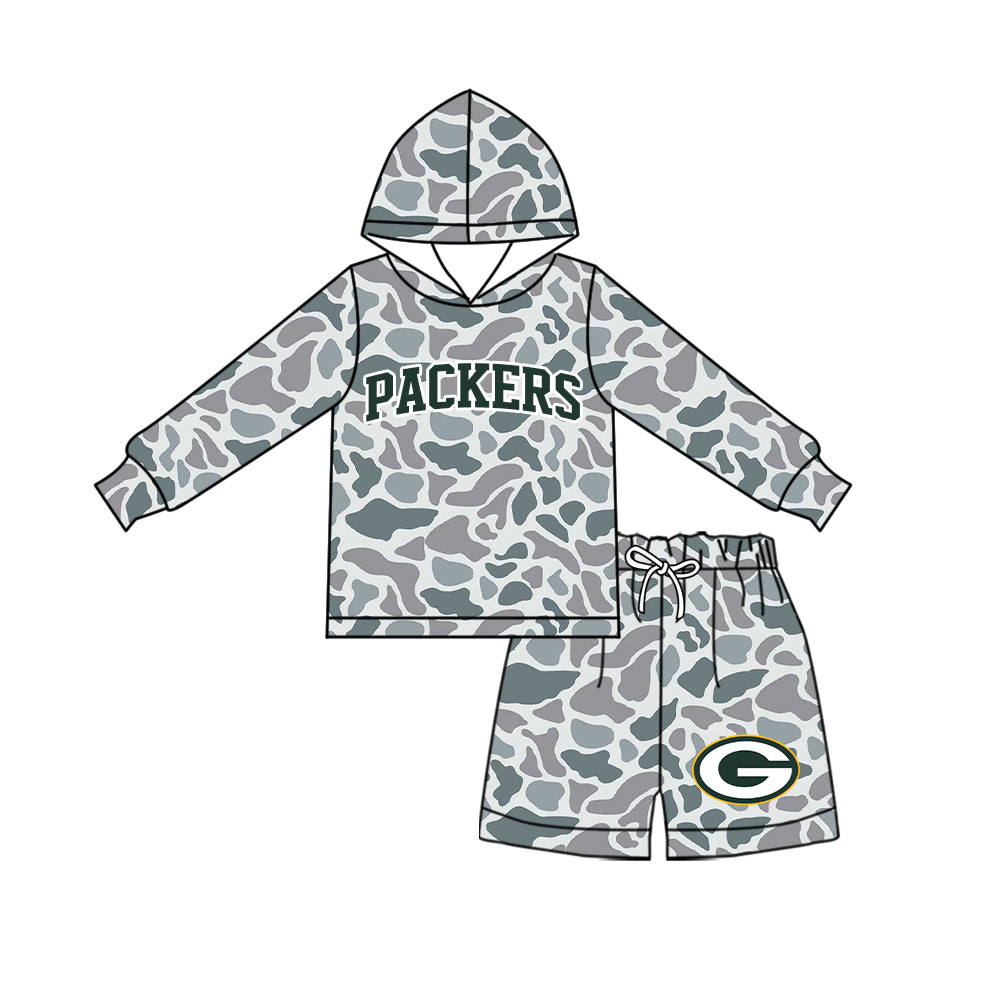 Preorder (moq 5) Baby Boys Grey Camo Packers Long Sleeve Hoodie Short Team Clothes Sets