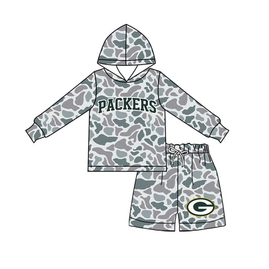 Preorder (moq 5) Baby Boys Grey Camo Packers Long Sleeve Hoodie Short Team Clothes Sets