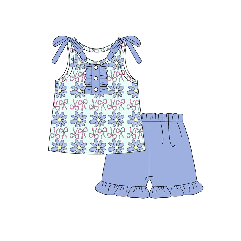 Preorder (moq 5)Baby Girls Blue Sleeveless Bows Daisy Button Top Ruffle Shorts Sets