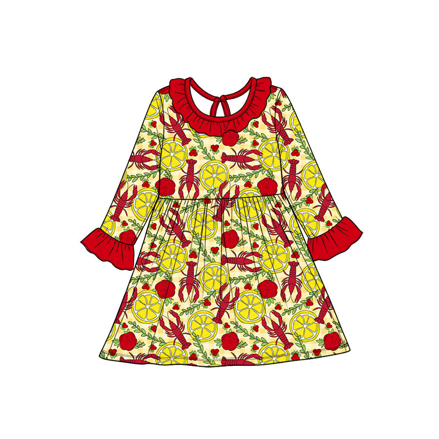 Preorder(moq5) Baby Girl Clothes Crawfish Lemon Rose Gingham Print Long Sleeve Ruffle Twirl Dress