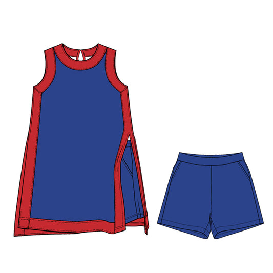 Preorder (moq 5)Adult Women Red Hot Blue Split Skirt Pockets Short Clothes Sets