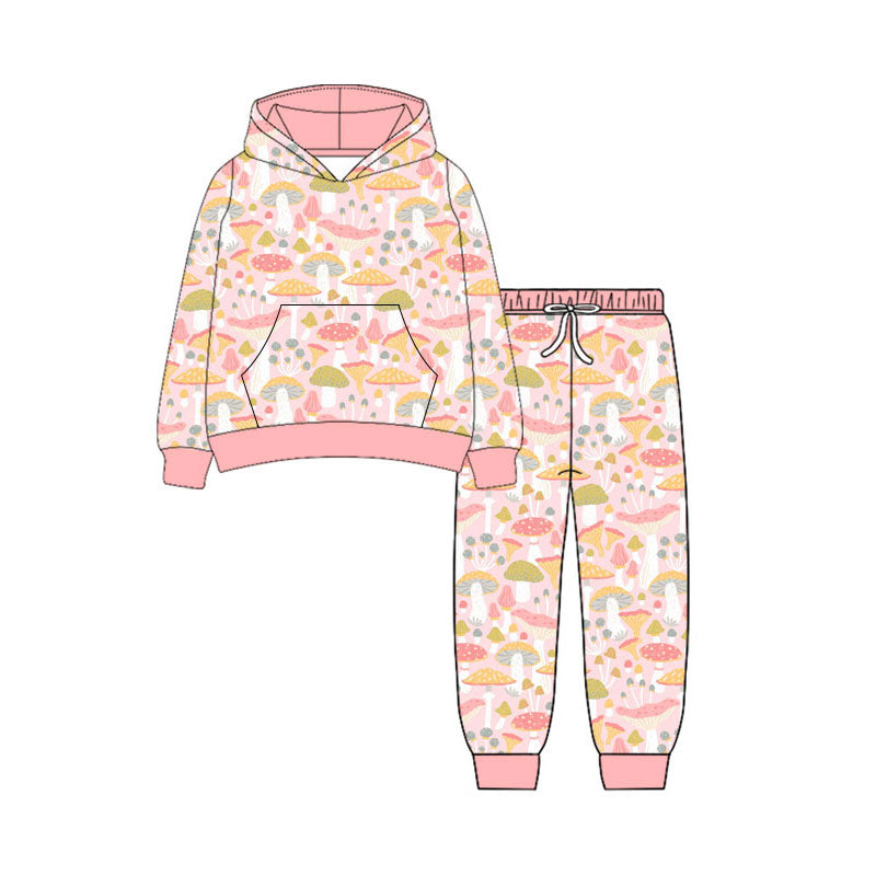 Preorder (moq 5)Baby Girls Long Sleeve Mushrooms Pocket Hoodie Jogger Clothes Sets