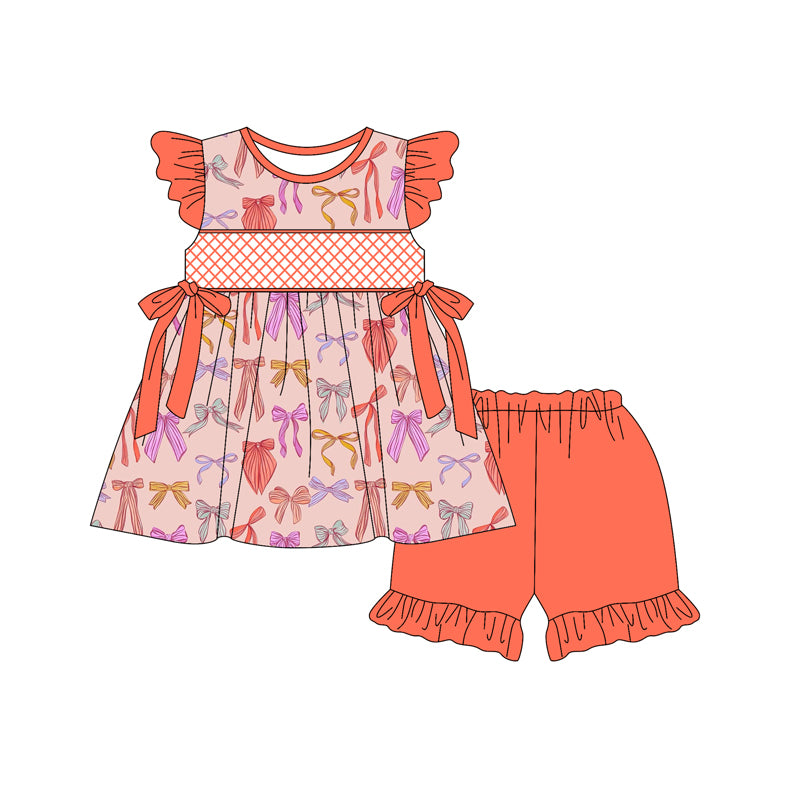 Preorder (moq 5)Baby Girls Orange Flutter Sleeves Colorful Bows Tunic Ruffle Short Set