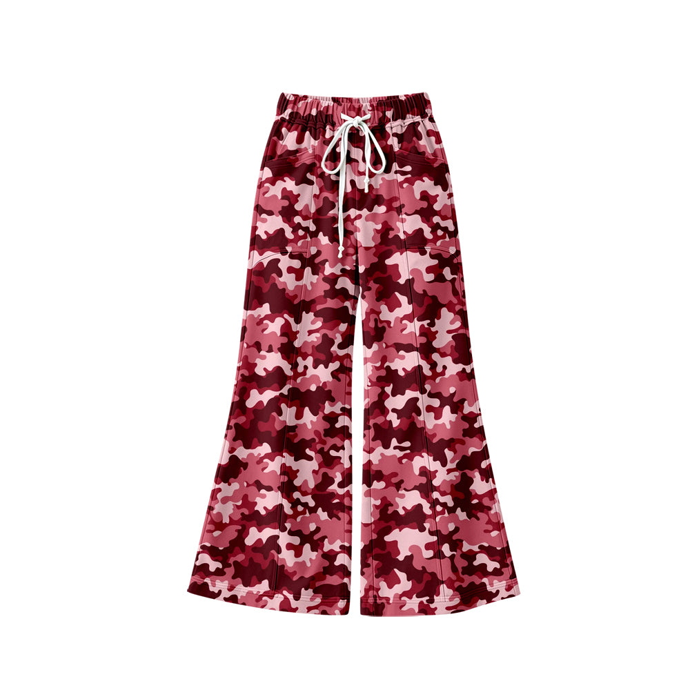 Preorder (moq 5) Baby Girl Clothes Red Pink Camo Allover Print Long Drawstring Flare Pants