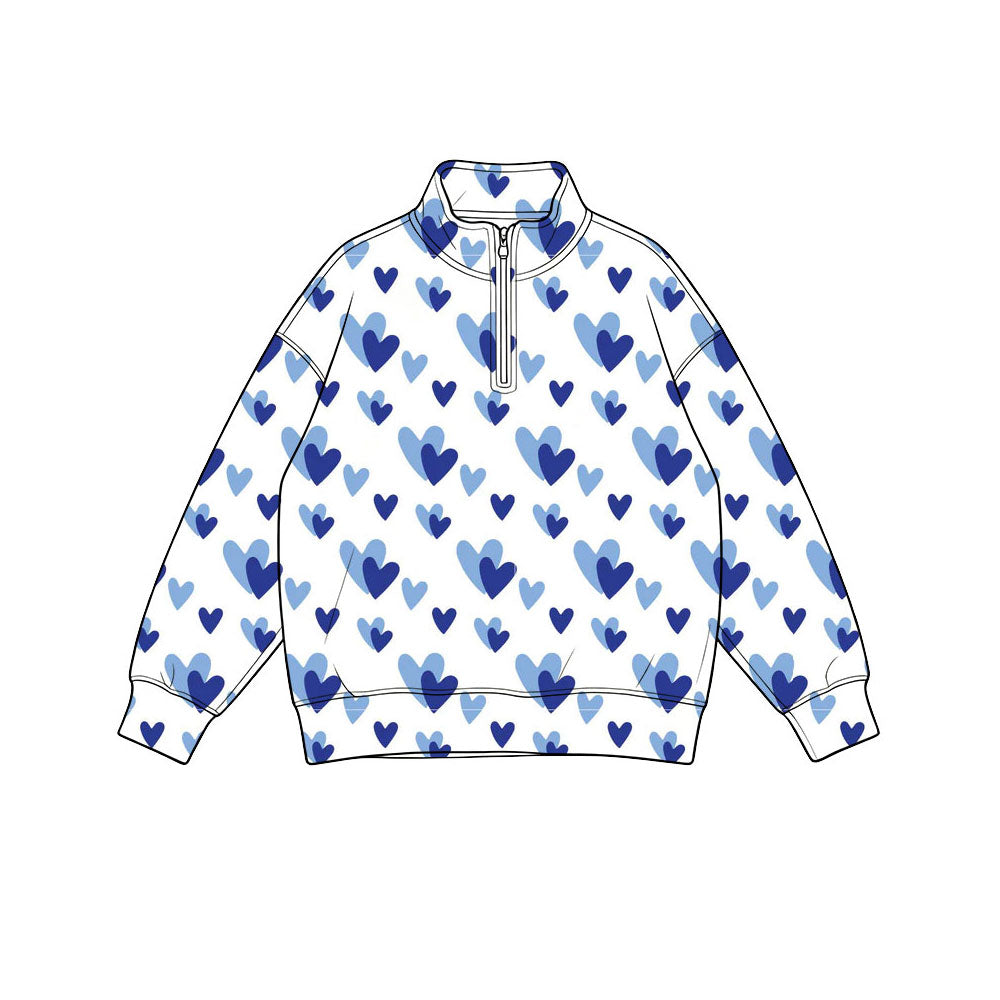 Preorder(moq 5) Baby Girls Long Sleeve Blue Hearts Plaid Valentines Zip Pullovers Top