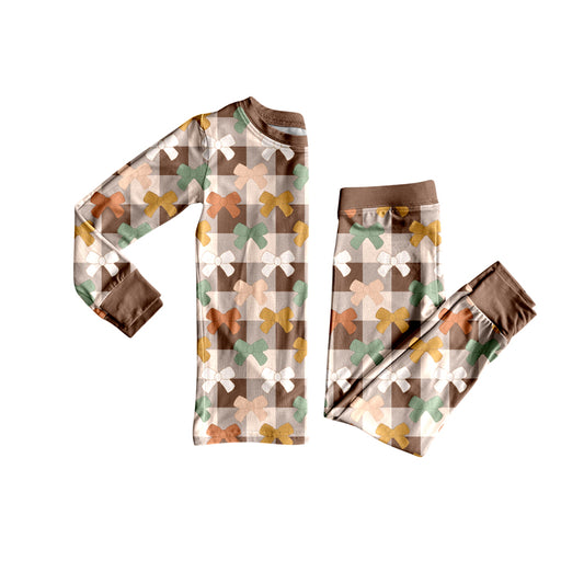 Preorder (moq 5)Baby Girls Long Sleeves Khaki Plaid Bows Top Pant Pajamas Set