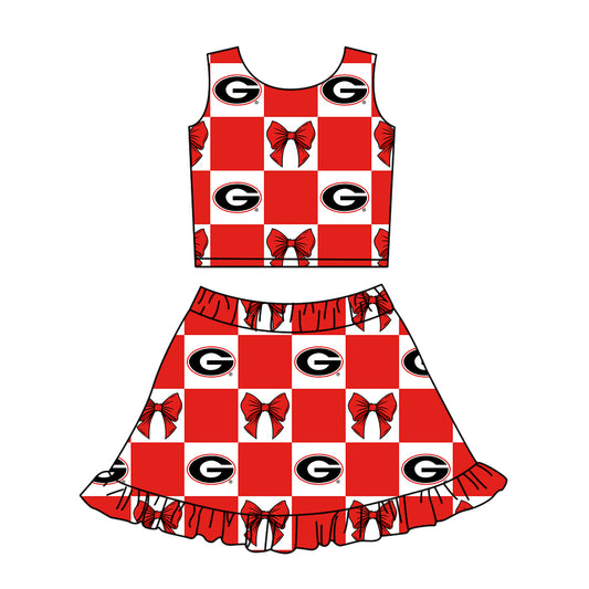 Preorder (moq 5)Baby Girls G Bows Checked Vests Top Ruffle Skirt Shorts Team Clothes Sets