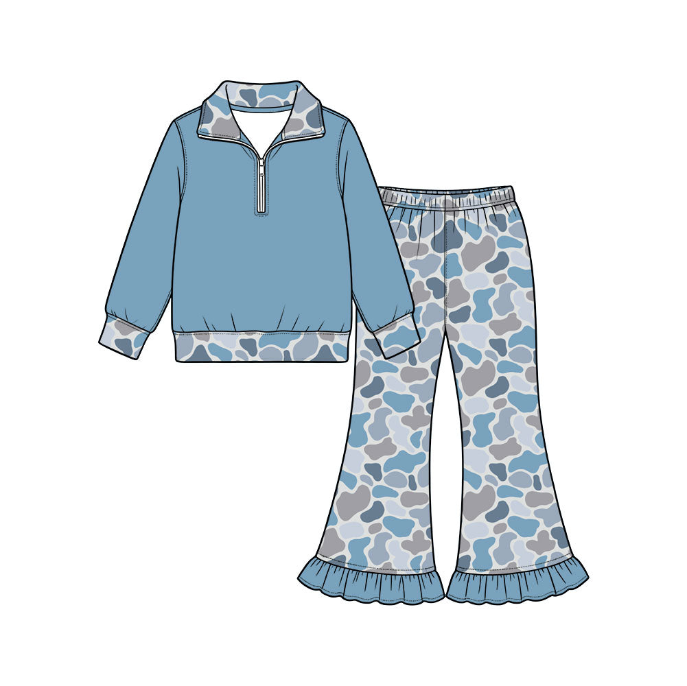 Preorder (moq 5) Baby Girl Clothes Blue Duck Camo Print Half Zip Top Ruffle Flare Pants Outfit Set