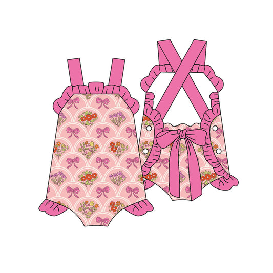 Preorder (moq 5)Baby Girls Strap Flowers Back Bow Ruffle Rompers