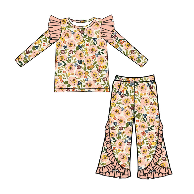 Preorder (moq 5)Baby Girls Colorful Flowers Flutter Long Sleeve Top Pockets Flare Pant Clothes Sets