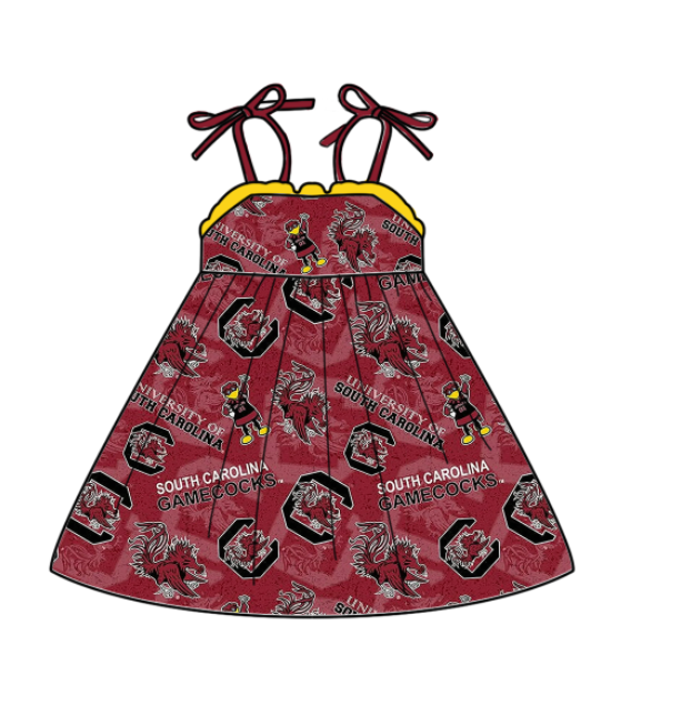 Preorder (moq 5)Baby Girls Red Strap Gamecocks Bull Team Knee Length Dresses