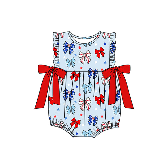 Preorder (moq 5)Baby Girls Sleeveless Blue Red Bows Stars 4th Of July Ruffle Rompers