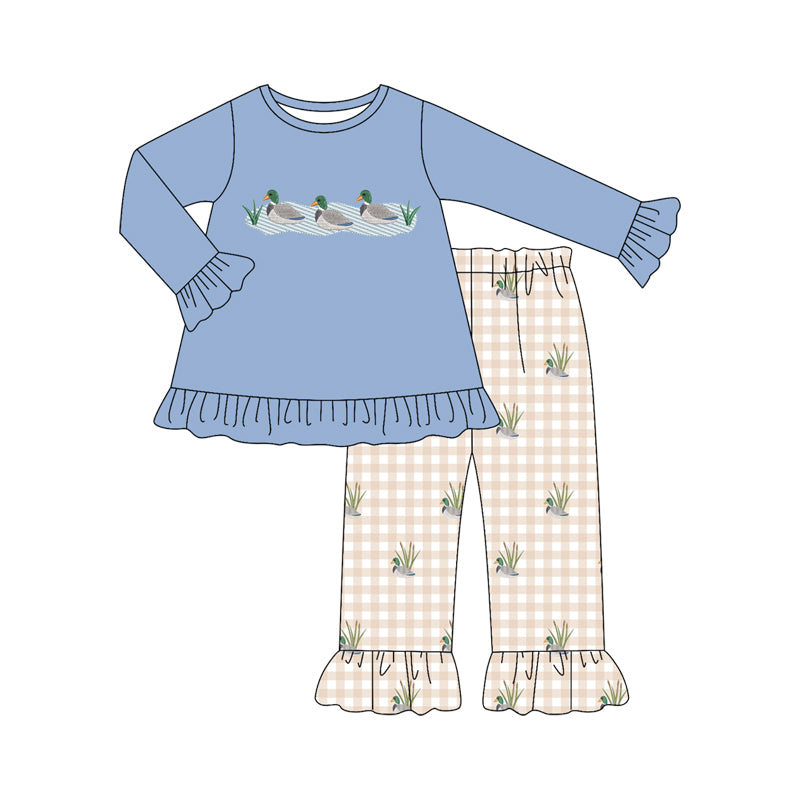 Preorder (moq 5)Baby Girls Long Sleeve Ducks Tunic Checked Ruffle Pant Hunting Sets