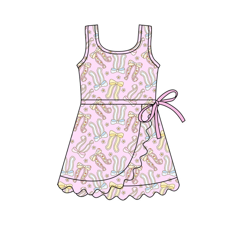 Preorder (moq 5)Baby Girls Pink Sleeveless Bow Flowers Scallop Short Knee Length Dresses