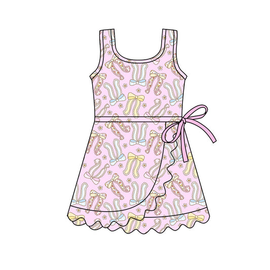 Preorder (moq 5)Baby Girls Pink Sleeveless Bow Flowers Scallop Short Knee Length Dresses