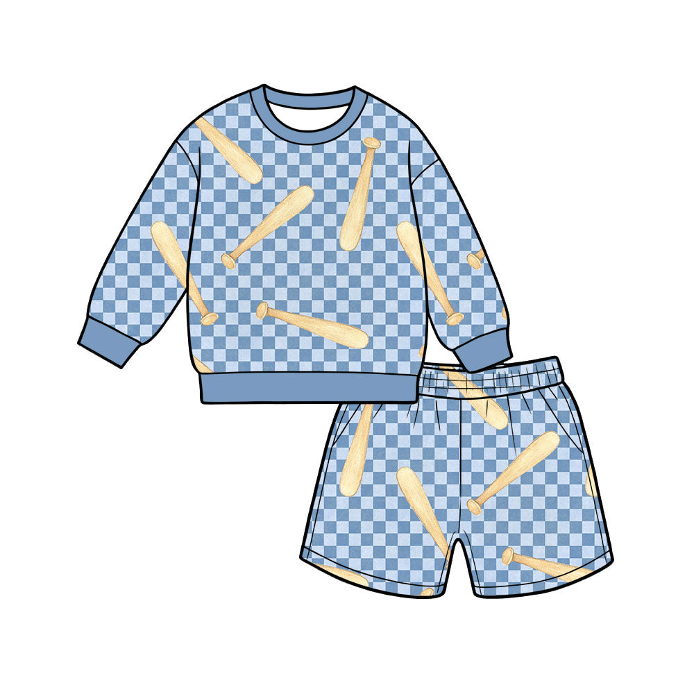 Preorder (moq 5) Baby Boy Clothes Baseball Bat Checker Print Long Sleeve Top Shorts Outfit Set