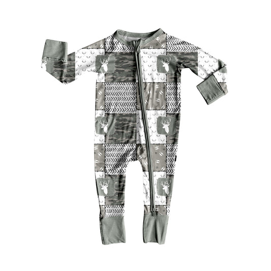 Preorder (moq 5)Baby Boys Gray Long Sleeves Deer Camo Plaid Zipper Rompers