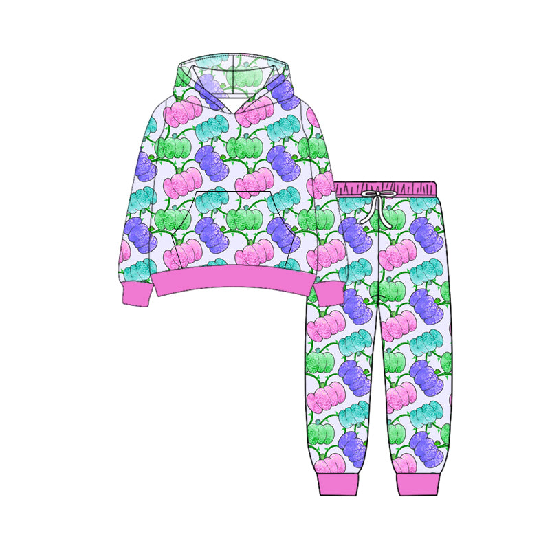 Preorder (moq 5)Baby Boys Long Sleeves Colorful Pumpkins Plaid Pocket Hoodies Legging Pants Set