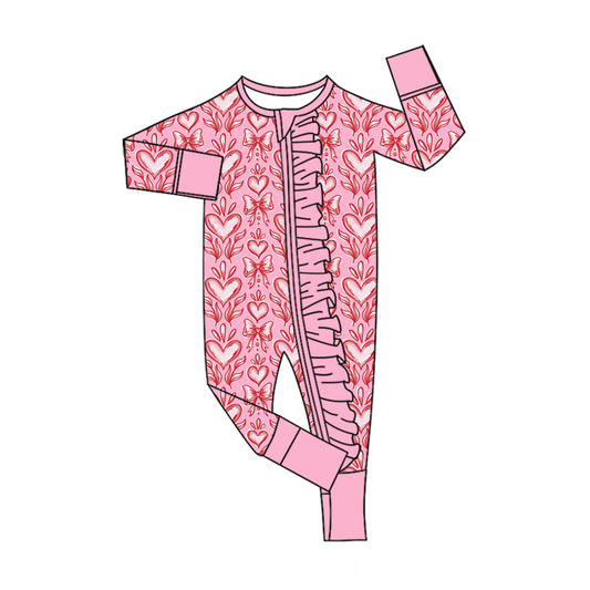 Preorder (moq 5) Baby Girl Clothes Vintage Heart Bow Mixed Print Long Sleeve Ruffle Zipper Romper