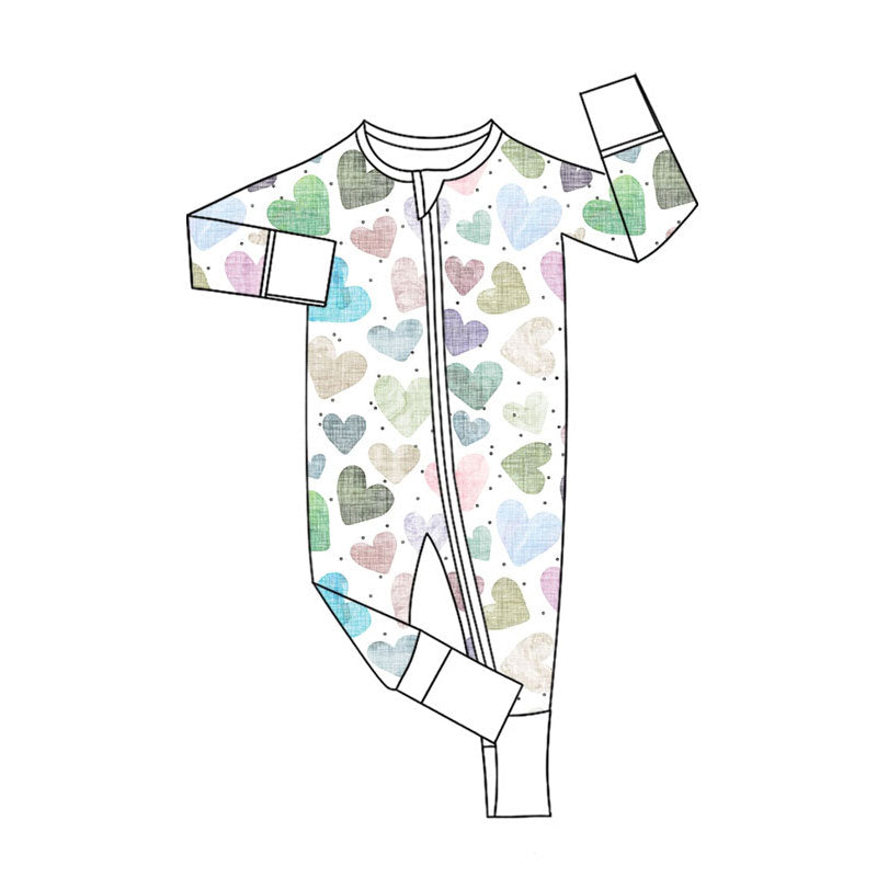 Preorder (moq 5)Baby Girls Long Sleeve Colorful Hearts Valentine Zipper Footie Rompers
