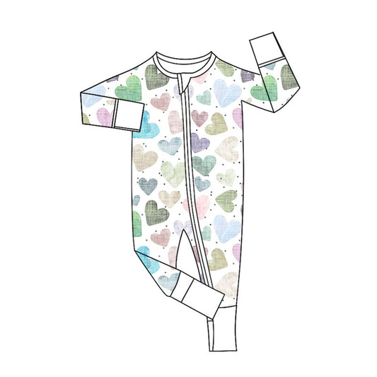 Preorder (moq 5)Baby Girls Long Sleeve Colorful Hearts Valentine Zipper Footie Rompers