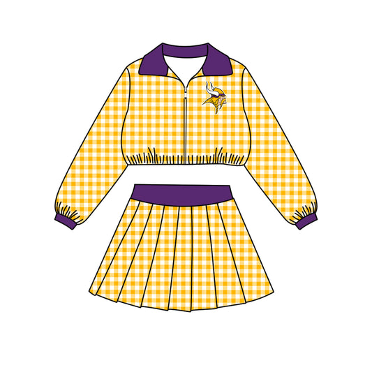 Preorder (moq 5)Baby Girls Yellow Checked Vikings Zip Pullovers Skirt Short Team Clothes Set