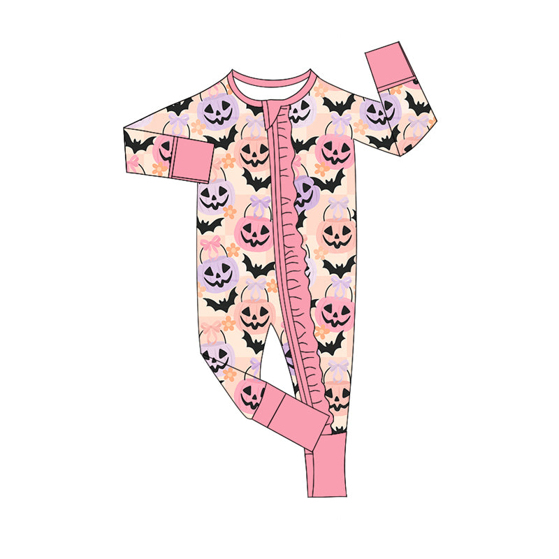 Preorder (moq 5)Baby Girls Long Sleeves Ghost Pumpkins Bats Pink Plaid Zipper Pant Rompers