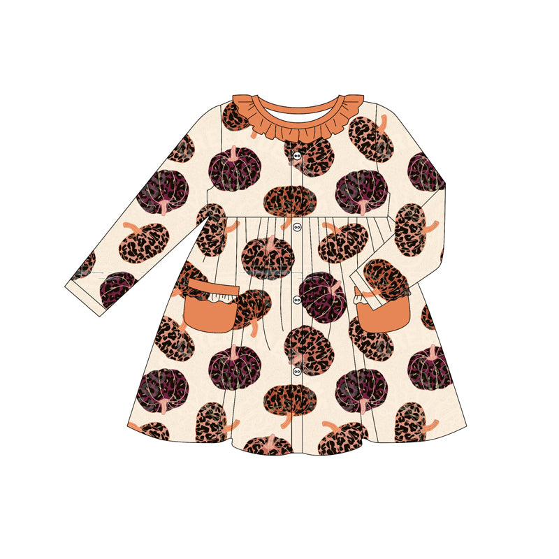 Preorder (moq 5)Baby Girls Long Sleeves Leopard Pumpkins Plaid Pockets Knee Length Dress