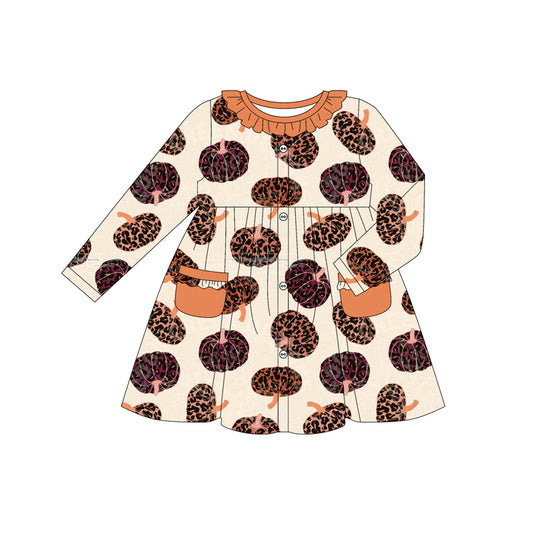 Preorder (moq 5)Baby Girls Long Sleeves Leopard Pumpkins Plaid Pockets Knee Length Dress
