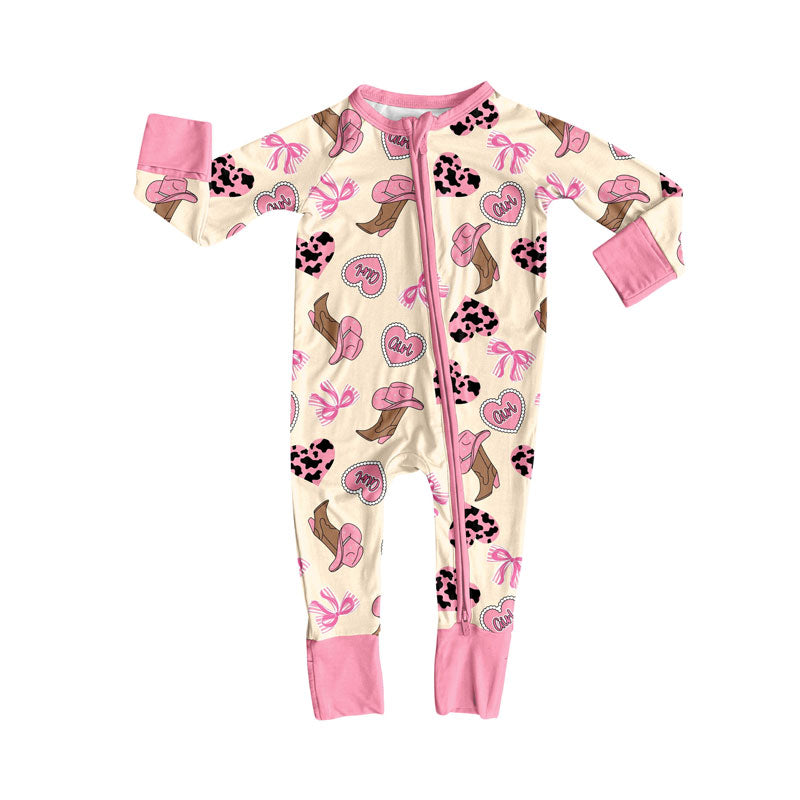 Preorder (moq 8)Baby Girls Long Sleeve Cow Print Hearts Boots Zipper Footie Rompers