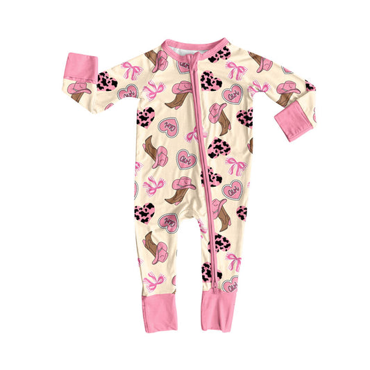 Preorder (moq 8)Baby Girls Long Sleeve Cow Print Hearts Boots Zipper Footie Rompers