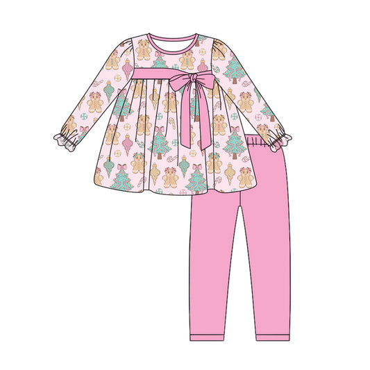 Preorder (moq 5)Baby Girls Long Sleeves Pink Trees Gingerbread Tunic Legging Pant Sets