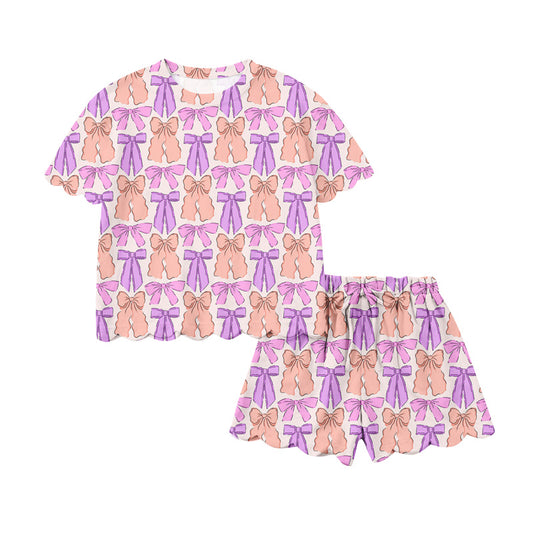 Preorder (moq 5)Baby Girls Short Sleeve Colorful Bows Top Scallop Shorts Clothes Sets