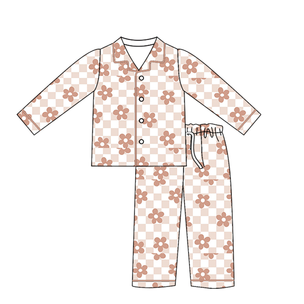 preorder(moq 5) Baby Girls Long Sleeves Pink Flowers Plaid Button Top Pants Pajamas Set